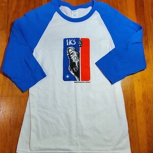 IKS Bigfoot Sasquatch League Baseball T Shirt Mens Small White Blue Raglan Tee